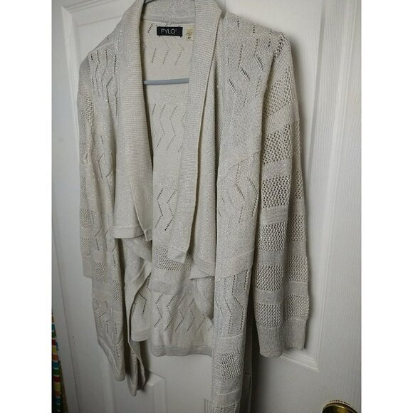 FYLO Women's Open Waterfall 3/4 Sleeve Tan Metallic Silver Accent Sweater SizeS - Picture 2 of 9